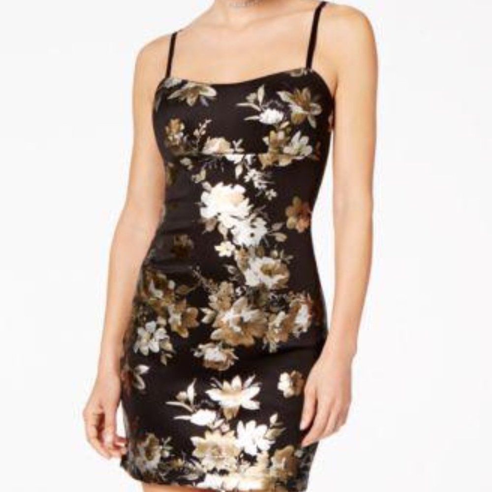 Teeze Me Black Mini Dress with Gold and White Floral Print